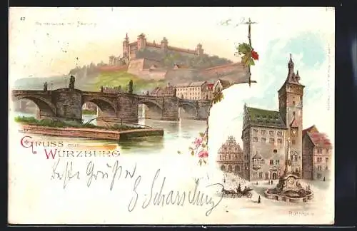 AK Würzburg, Alte Mainbrücke mit Festung, Grafen Eckturm und Vierröhrenbrunnen