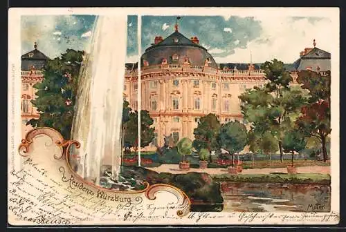 Künstler-Lithographie Karl Mutter: Würzburg, Residenz mit Springbrunnen