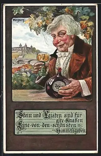 Künstler-AK Würzburg, Sommelier mit Festung Marienberg