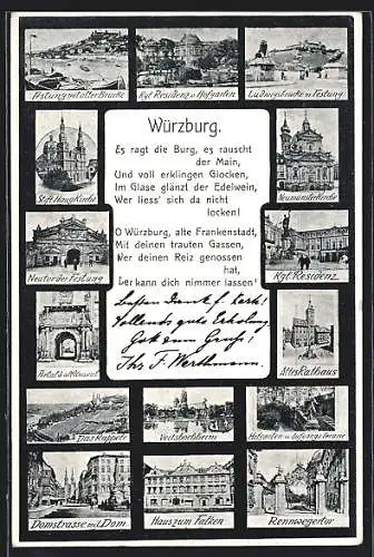AK Würzburg, Festung mit alter Brücke, Kgl. Residenz und Hofgarten