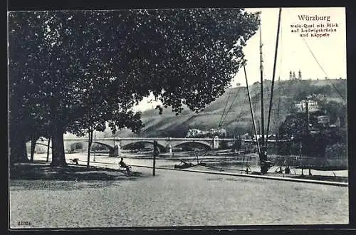 AK Würzburg, Main-Quai mit Ludwigsbrücke, Käppele