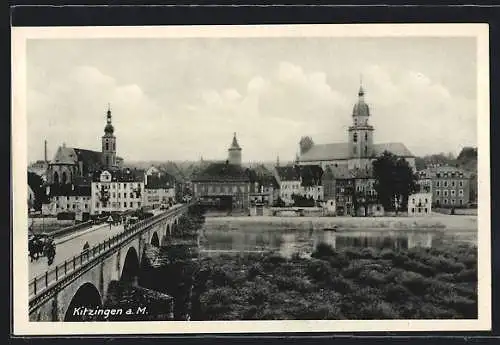 AK Kitzingen am Main, Partie neben der Brücke, Blick zur Kirche im Ort