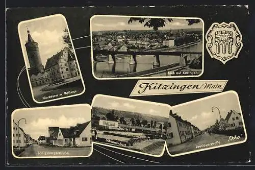 AK Kitzingen a. M., Schwimmbad, Marktturm mit Rathaus, Königsbergerstrasse, Breslauerstrasse, Wappen