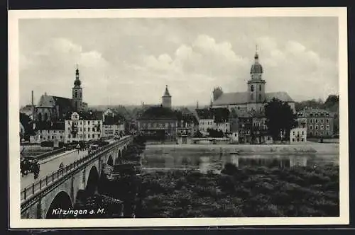 AK Kitzingen am Main, Partie neben der Brücke, Blick zur Kirche im Ort