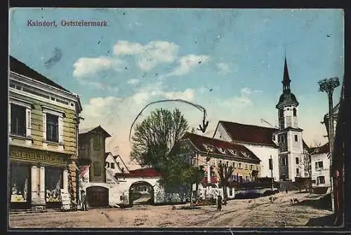 AK Kaindorf /Oststeiermark, Strassenpartie mit Rüsthaus der Feuerwehr und Kirche