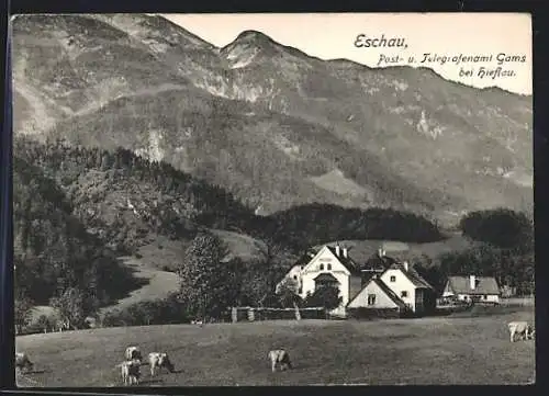 AK Landl, Eschau bei Hieflau, Ortsansicht gegen das Gebirge