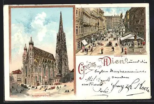 Lithographie Wien, Stephansdom und Graben aus der Vogelschau