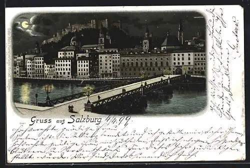 Lithographie Salzburg, Uferpartie mit Brücke