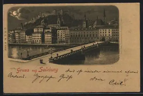 Mondschein-Lithographie Salzburg, Panorama mit Brücke über die Salzach und Hohensalzburg