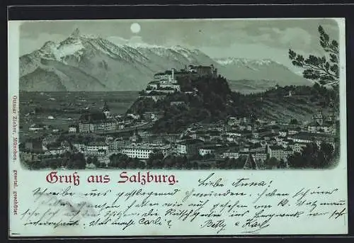 Mondschein-Lithographie Salzburg, Stadt-Panorama gegen die Alpen