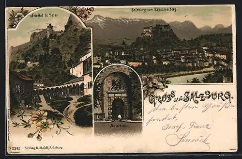 Lithographie Salzburg, Neuthor, Friedhof St. Peter