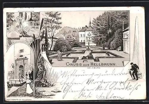 Künstler-AK Salzburg, Schloss Hellbrunn, Die Marmoryassins und die Neptungrotte