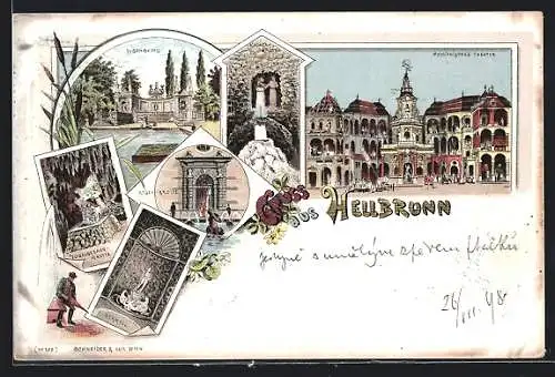 Lithographie Salzburg, Hellbrunn, Regen-Grotte, Mechanisches Theater, Germaul