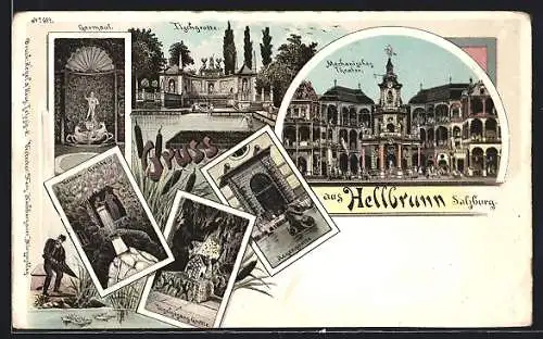 Lithographie Hellbrunn, Mechanisches Theater, Vogelsang-Grotte, Tischgrotte