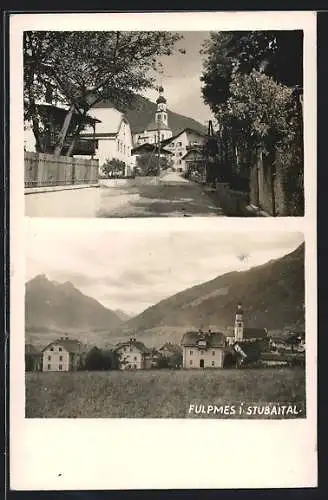 AK Fulpmes i. Stubaital, Strassenpartie mit Gasthof Lutz und Kirche, Ortsansicht