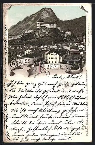 Lithographie Kufstein, Teilansicht mit Schloss
