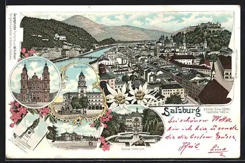 Lithographie Salzburg, Schloss Hellbrunn, Residenz, Domkirche