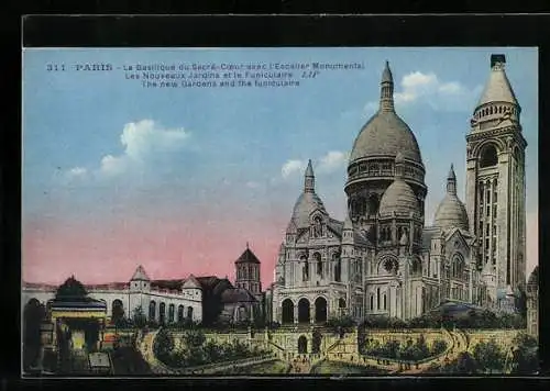 AK Paris, La Bisilique du Sacré-Coeur de Montmartre avec l`Escalier Monumental, Les Nouveaux Jardins et le Funiculaire