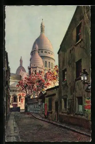 AK Paris, La Basilique du Sacré-Coeur de Montmartre, Vue de la Rue du Chevalier-de-la-Barre