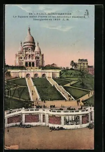 AK Paris, Le Sacré-Coeur de Montmartre & le Sqare Saint-Pierre et les nouveaux escaliers inaugurés en 1930
