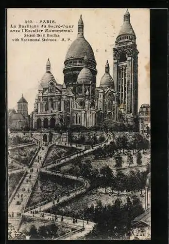 AK Paris, La Basilique du Sacré-Coeur de Montmartre avec l`Escalier Monumental