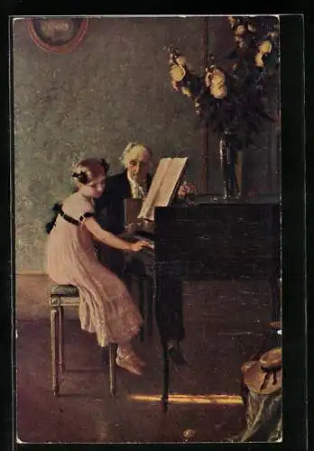 AK Klavierstunde, Mädchen spielt auf Klavier, Rosenstrauss