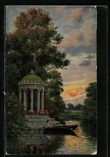 Ölgemälde-Imitations-AK Erpaco-Kunstverlag Nr. 21: Parklandschaft, Pavillon in der Dämmerung