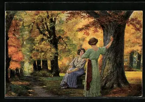 Ölgemälde-Imitations-AK Erpaco-Kunstverlag Nr. 711: M. Trapp, Herbstzauber, zwei Damen im Park