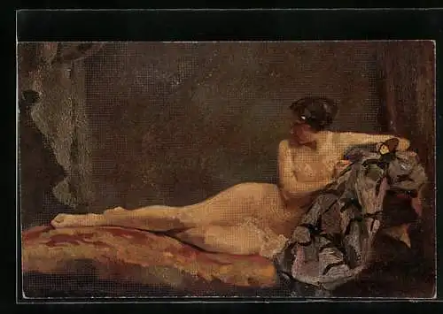 Ölgemälde-Imitations-AK Erpaco-Kunstverlag Nr. 654: Prof. R. Nissl, Aktstudie, Junge nackte Frau auf einem Sofa