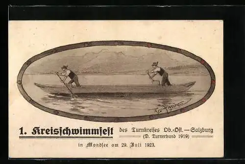 AK Mondsee, 1. Kreisschwimmfest desTurnkreises Oberösterreich-Salzburg am 29.07.1923, Ruderboot