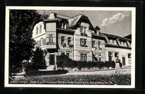 AK Grünbach am Schneeberg, Gasthof zur Schubertlinde von J. Adrigan, Badstrasse 4
