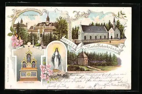 Lithographie Kaibing, Maria Fieberbründl, Wallfahrskirche, Kapelle, Hl. Brunnen, Schloss Herberstein