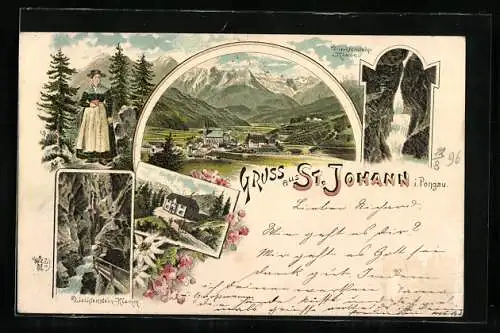 Lithographie St. Johann i. Pongau, Gasthaus, Liechtenstein-Klamm, Ortsansicht