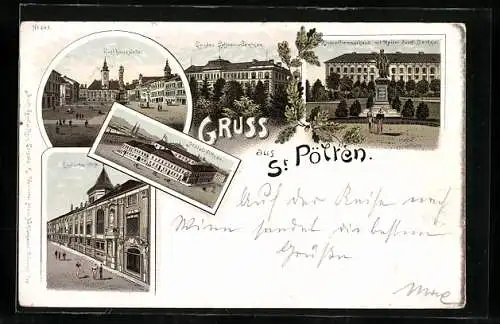 Lithographie St. Pölten, Rathausplatz, Englisches Stift, Hotel Pittner, Lehrerseminar