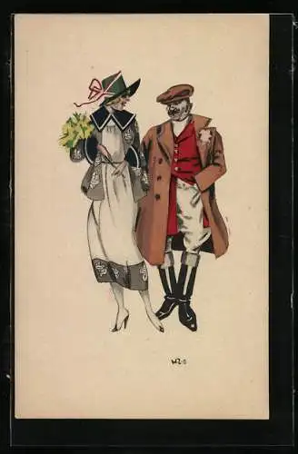 Künstler-AK W. Zabczinsky: Paar in eleganter Mode