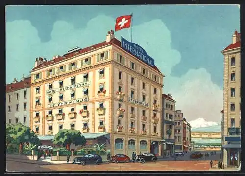 Künstler-AK Genève, Hotel International & Terminus