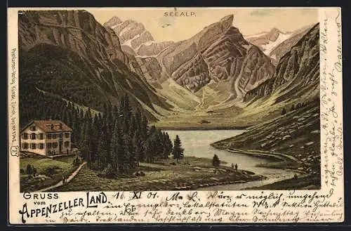 Lithographie Seealp /Appenzeller Land, Gasthaus am Bergsee