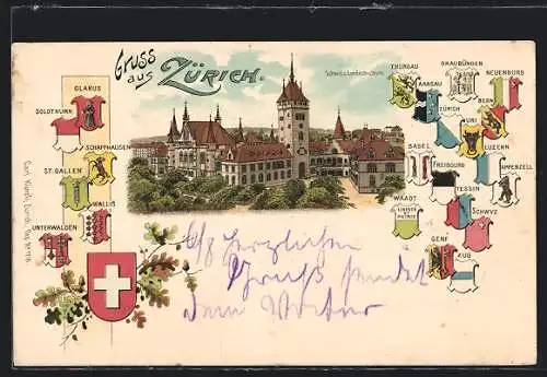 Lithographie Zürich, Das Schweizer Landesmuseum und Kantonswappen