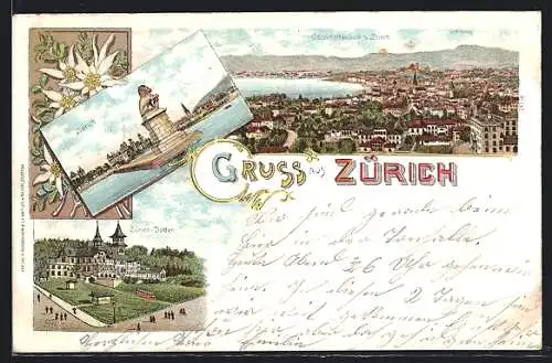 Lithographie Zürich, Löwendenkmal, Gesamtansicht, Blick auf Dolder