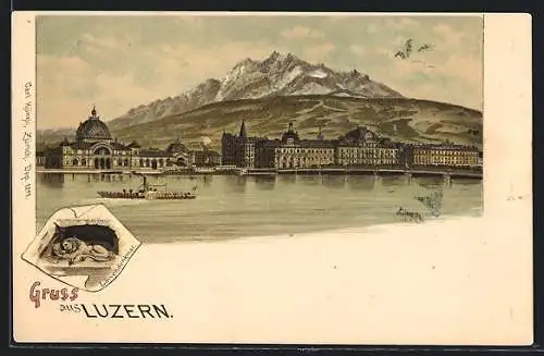 Lithographie Luzern, Blick vom See auf die Stadt, Löwendenkmal