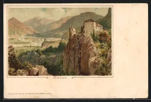 Lithographie Bozen, Panoramablick mit Burg