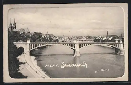 AK Basel, Gesamtansicht mit Flussbrücke