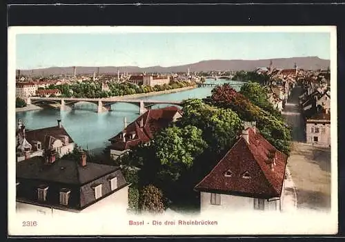 AK Basel, Ortsansicht mit den drei Rheinbrücken