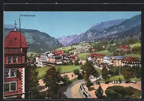 AK Grindelwald, Ortsansicht mit Talblick und Bergpanorama
