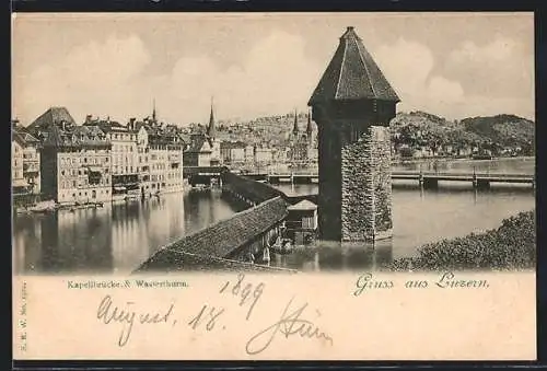 AK Luzern, Kapellbrücke und Wasserturm