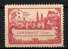 Reklamemarke Landshut a. Isar, Kreishauptstadt von Niederbayern, Stadtansicht und Stadtwappen