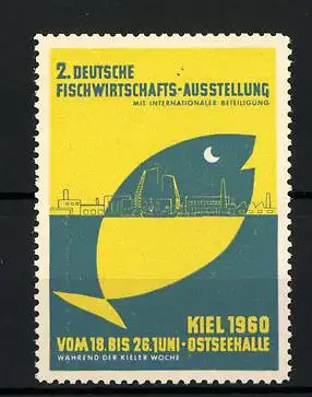 Reklamemarke Kiel, 2. Deutsche Fischwirtschafts-Ausstellung 1960, Messelogo Stadt und Fisch