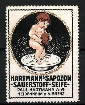Reklamemarke Sapozon Sauerstoff-Seife, Paul Hartmann AG, Heidenheim / Brenz, nacktes Kind beim Baden