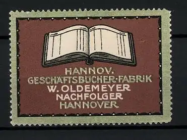 Reklamemarke Hannov. Geschäftsbücher-Fabrik W. Oldemeyer Nachf., Hannover, aufgeschlagenes Buch