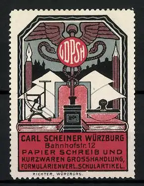 Reklamemarke Papier-, Schreib- und Kurzwaren-Grosshandlung Carl Scheiner, Würzburg, Bahnhofstr. 12, Büroartikel